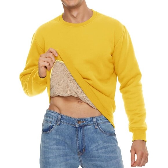 Mens Crewneck Sweatshirt Fleece Lined Warm Yellow Outdoor Long Sleeve Pullover - Picture 3 of 6